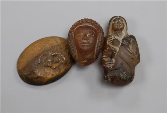 Ancient Egyptian or later - two chalcedony quartz carvings and a tigers eye portrait cabeochon